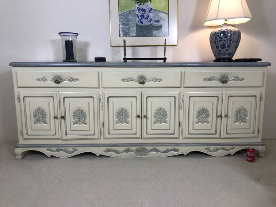 Long Blue And White Wooden Cabinet Credenza [Photo 1]