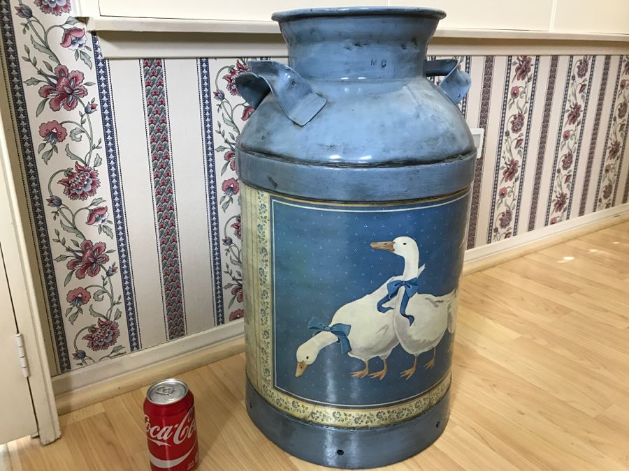 Old Metal Double Handle Milk Can Painted Blue With Duck Scene [Photo 4]