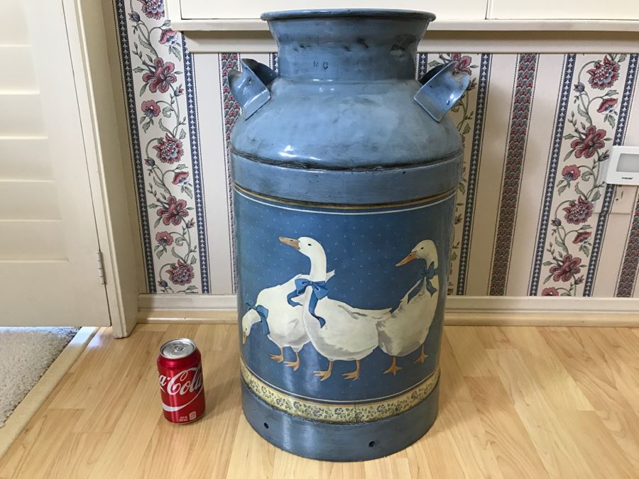 Old Metal Double Handle Milk Can Painted Blue With Duck Scene