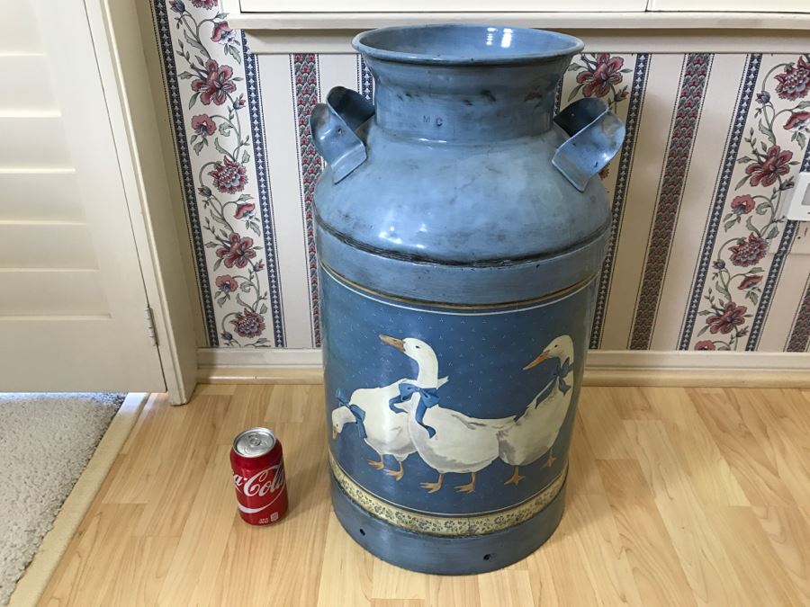 Old Metal Double Handle Milk Can Painted Blue With Duck Scene [Photo 2]