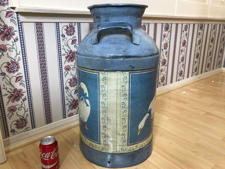 Old Metal Double Handle Milk Can Painted Blue With Duck Scene [Photo 5]