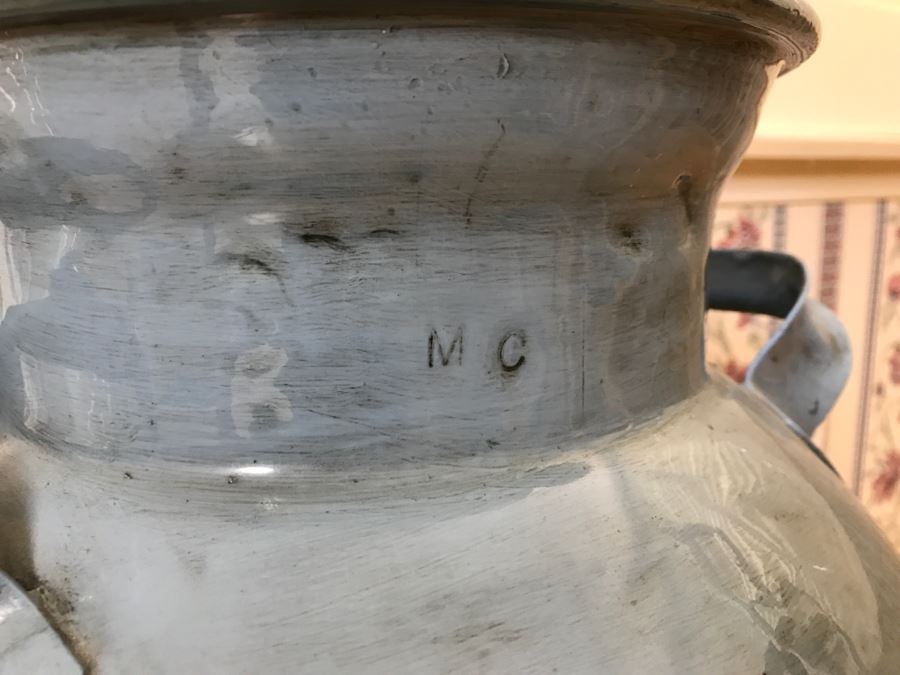 Old Metal Double Handle Milk Can Painted Blue With Duck Scene [Photo 6]