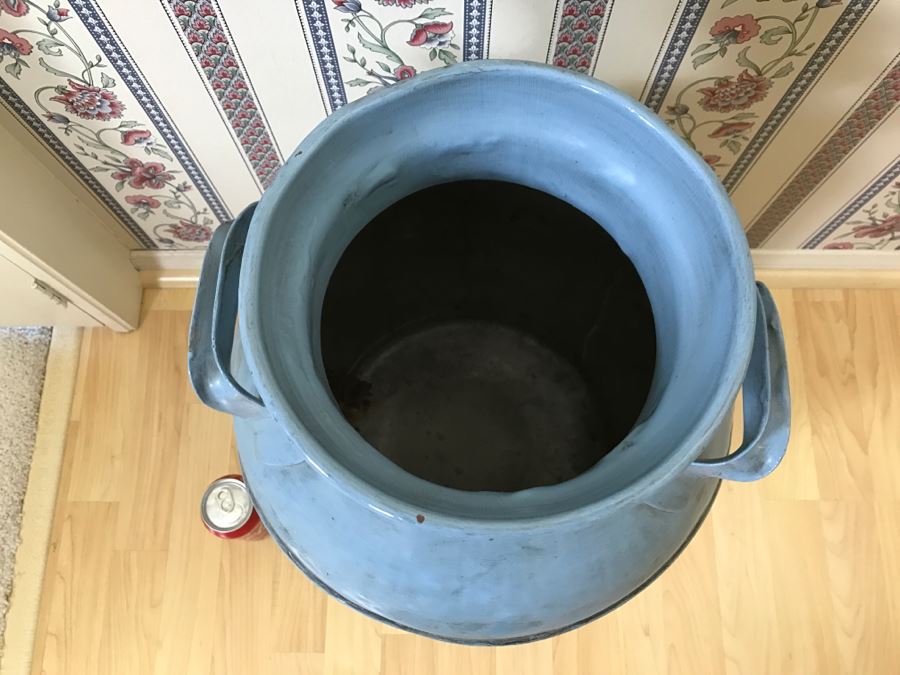 Old Metal Double Handle Milk Can Painted Blue With Duck Scene [Photo 3]