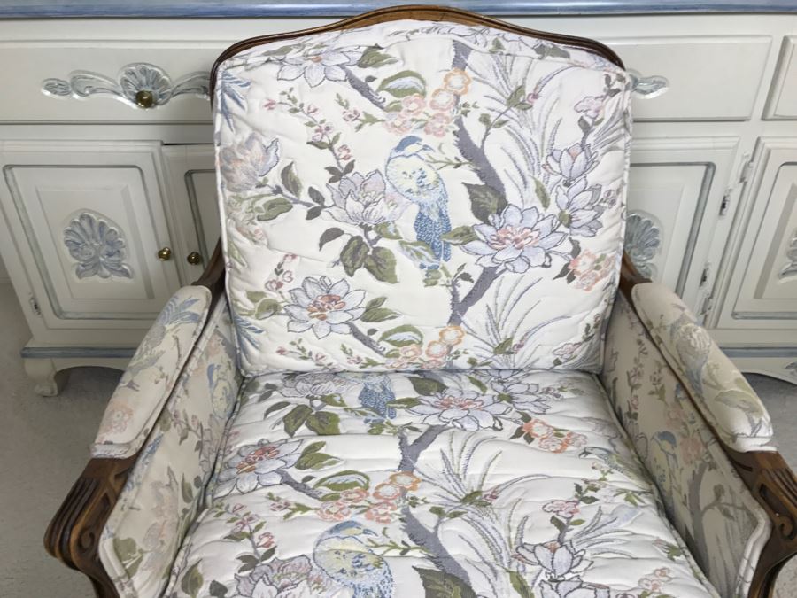 Nice Wooden Armchair With Floral And Bird Motif Upholstery [Photo 3]