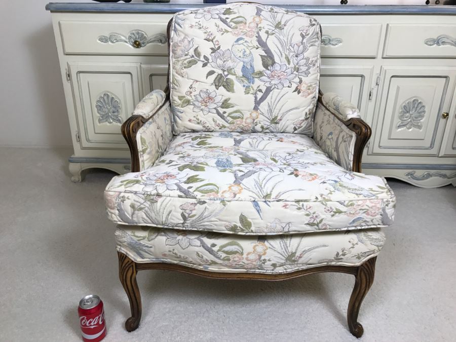 Nice Wooden Armchair With Floral And Bird Motif Upholstery [Photo 1]
