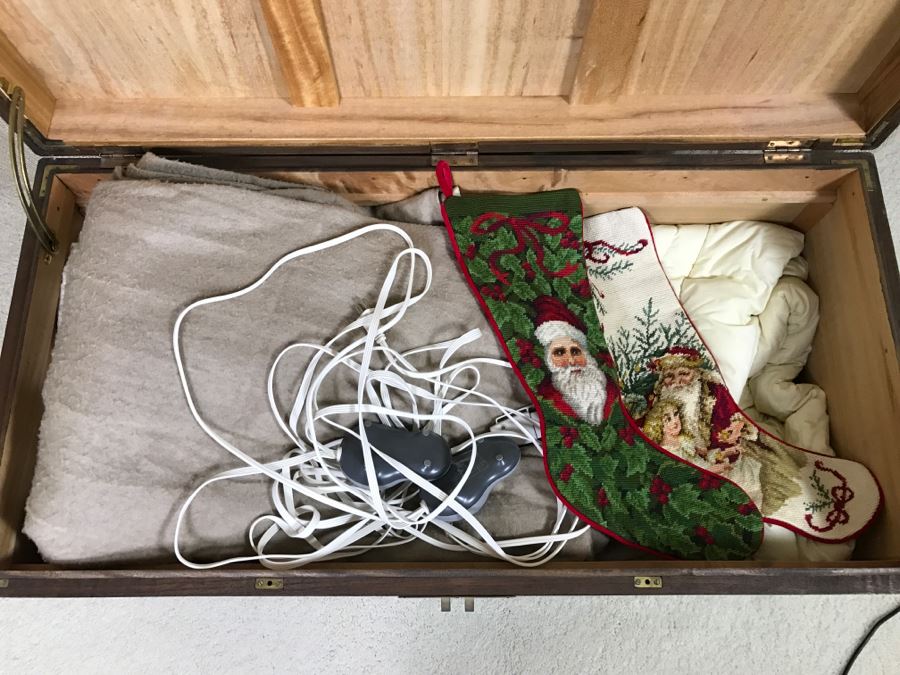 Nice Carved Wood Chinoiserie Cedar Lined Chest With Heating Blanket, Needlepoint Stockings And Other Items [Photo 21]