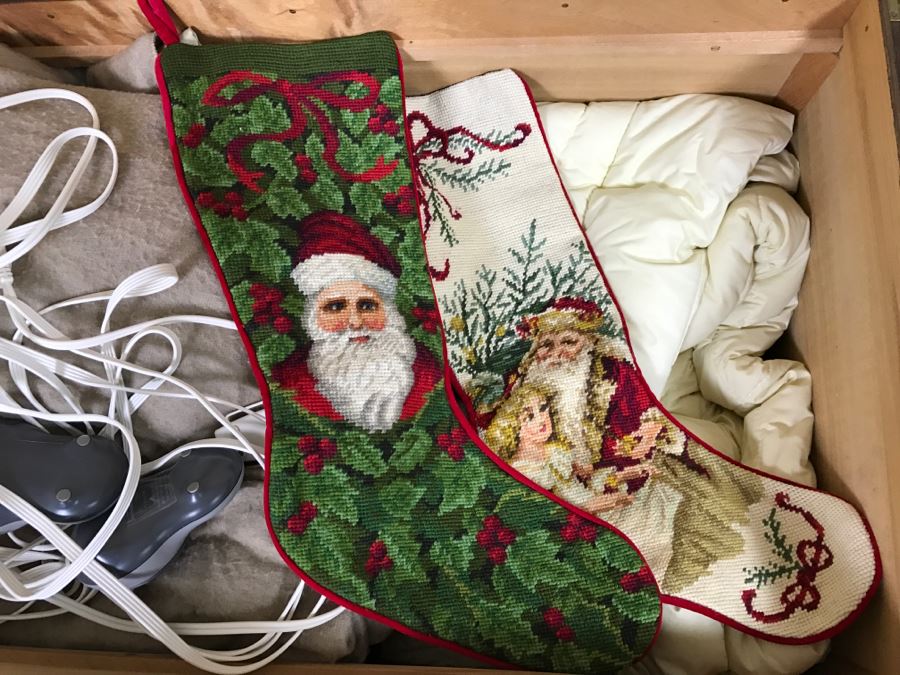 Nice Carved Wood Chinoiserie Cedar Lined Chest With Heating Blanket, Needlepoint Stockings And Other Items [Photo 22]