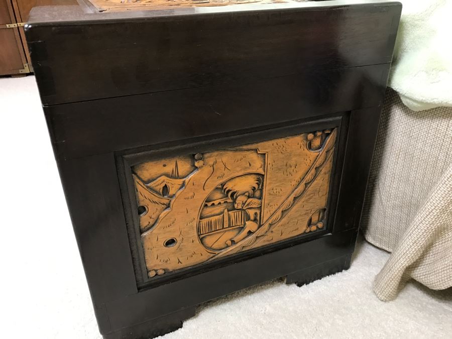 Nice Carved Wood Chinoiserie Cedar Lined Chest With Heating Blanket, Needlepoint Stockings And Other Items [Photo 16]