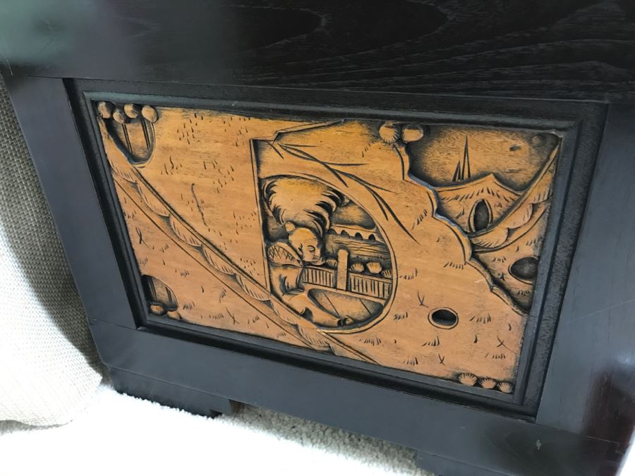 Nice Carved Wood Chinoiserie Cedar Lined Chest With Heating Blanket, Needlepoint Stockings And Other Items [Photo 19]