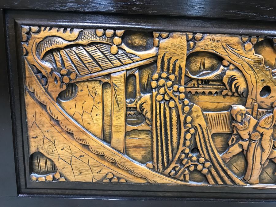 Nice Carved Wood Chinoiserie Cedar Lined Chest With Heating Blanket, Needlepoint Stockings And Other Items [Photo 5]