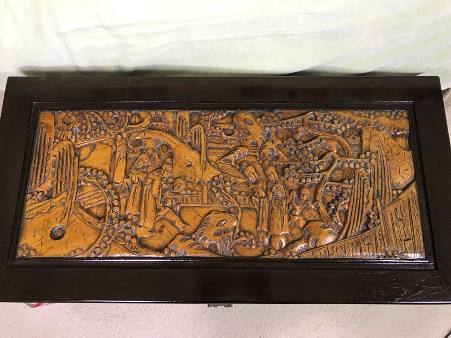 Nice Carved Wood Chinoiserie Cedar Lined Chest With Heating Blanket, Needlepoint Stockings And Other Items [Photo 9]