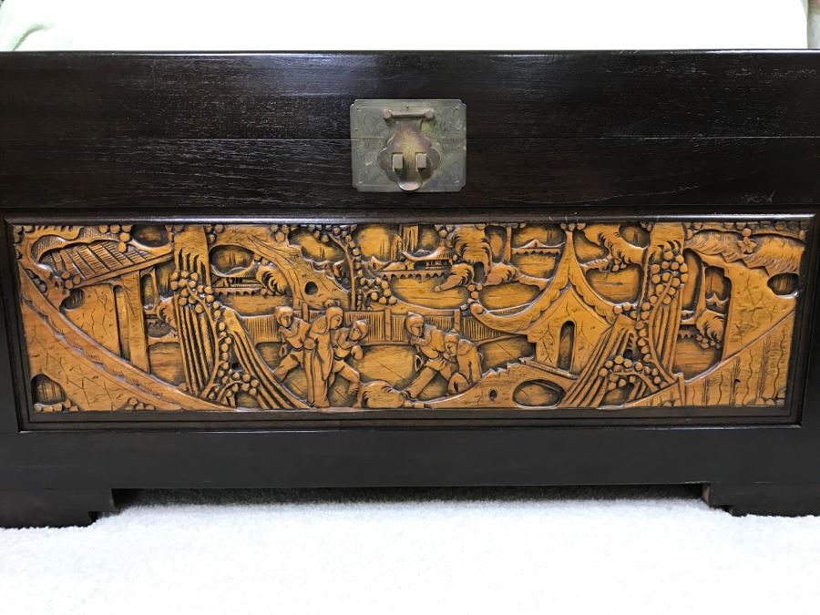 Nice Carved Wood Chinoiserie Cedar Lined Chest With Heating Blanket, Needlepoint Stockings And Other Items [Photo 3]