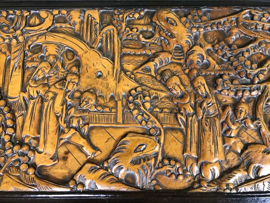 Nice Carved Wood Chinoiserie Cedar Lined Chest With Heating Blanket, Needlepoint Stockings And Other Items [Photo 12]