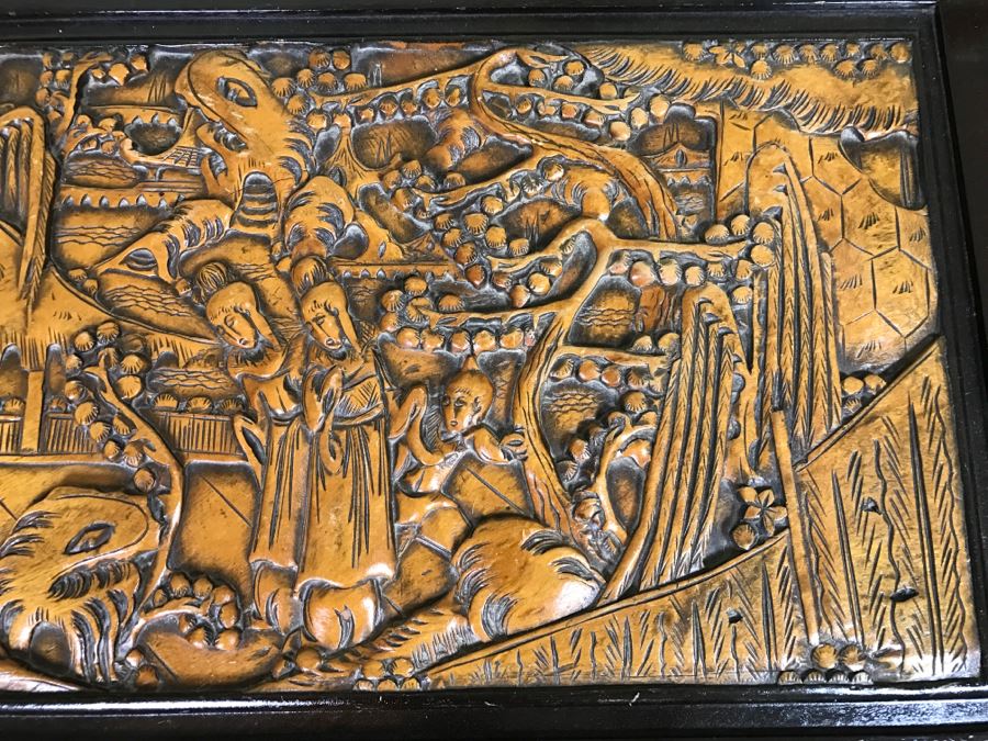 Nice Carved Wood Chinoiserie Cedar Lined Chest With Heating Blanket, Needlepoint Stockings And Other Items [Photo 13]