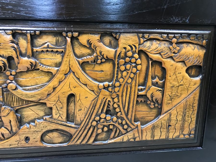 Nice Carved Wood Chinoiserie Cedar Lined Chest With Heating Blanket, Needlepoint Stockings And Other Items [Photo 7]