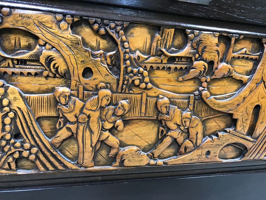 Nice Carved Wood Chinoiserie Cedar Lined Chest With Heating Blanket, Needlepoint Stockings And Other Items [Photo 4]