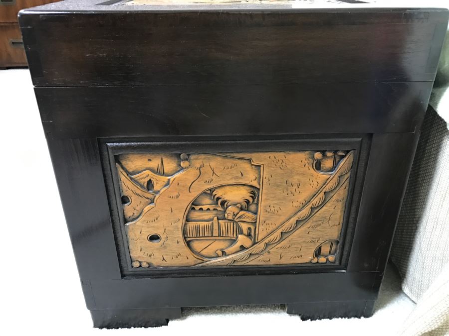 Nice Carved Wood Chinoiserie Cedar Lined Chest With Heating Blanket, Needlepoint Stockings And Other Items [Photo 18]