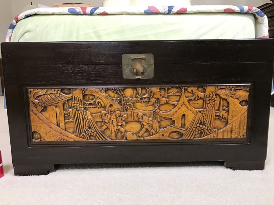 Nice Carved Wood Chinoiserie Cedar Lined Chest With Heating Blanket, Needlepoint Stockings And Other Items [Photo 2]