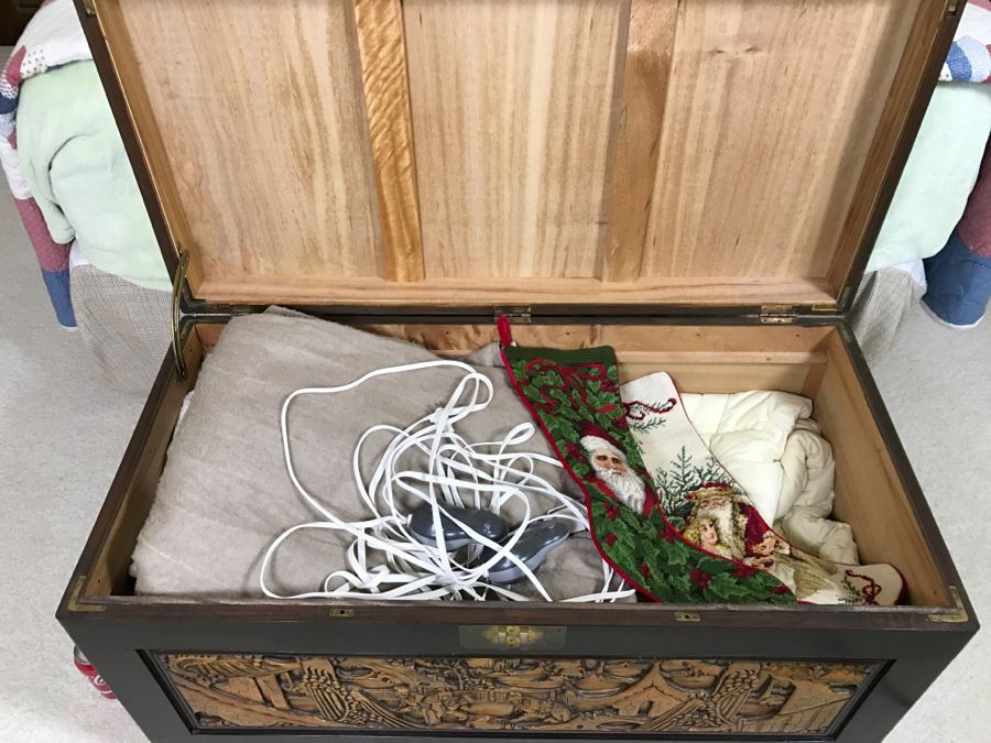 Nice Carved Wood Chinoiserie Cedar Lined Chest With Heating Blanket, Needlepoint Stockings And Other Items [Photo 20]