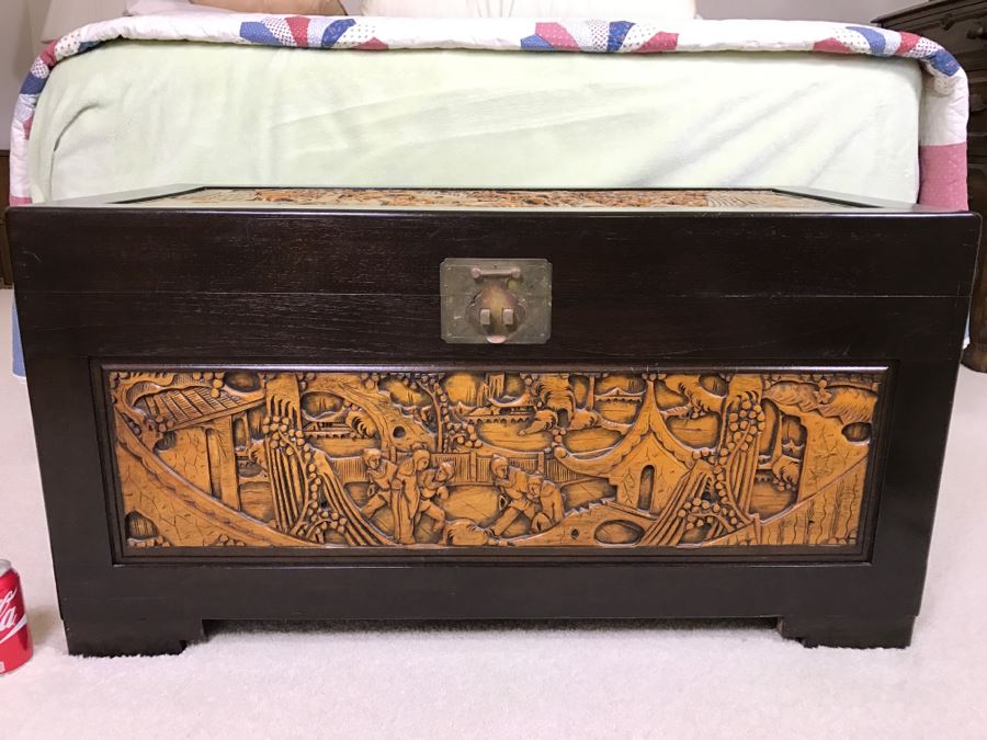Nice Carved Wood Chinoiserie Cedar Lined Chest With Heating Blanket, Needlepoint Stockings And Other Items