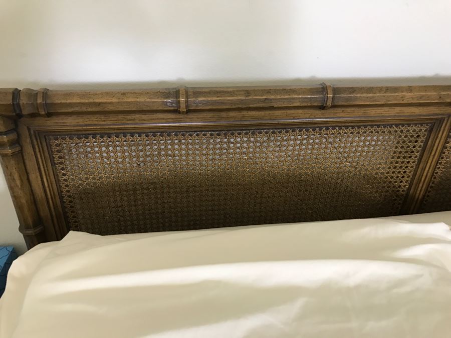 Hollywood Regency Cane Queen Size Headboard With Like New Jerome's Gel Estate Mattress, Boxsprings, Metal Bed Frame And Bedding Shown [Photo 6]