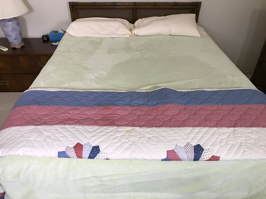 Hollywood Regency Cane Queen Size Headboard With Like New Jerome's Gel Estate Mattress, Boxsprings, Metal Bed Frame And Bedding Shown [Photo 4]