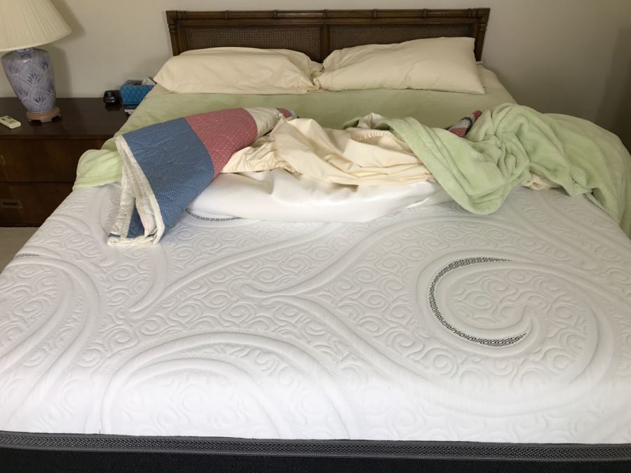 Hollywood Regency Cane Queen Size Headboard With Like New Jerome's Gel Estate Mattress, Boxsprings, Metal Bed Frame And Bedding Shown [Photo 7]