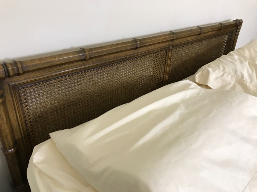 Hollywood Regency Cane Queen Size Headboard With Like New Jerome's Gel Estate Mattress, Boxsprings, Metal Bed Frame And Bedding Shown [Photo 5]