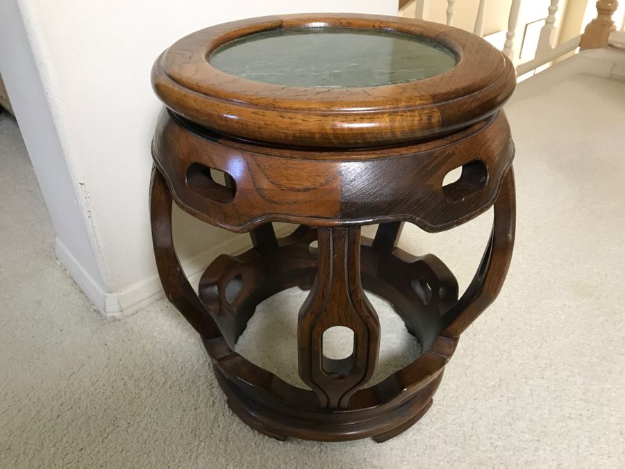 Chinese Wooden Plant Stand With Marble Top