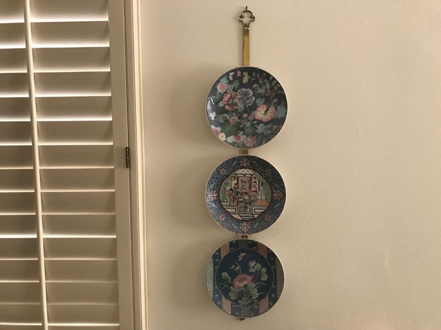 Set Of 3 Decorative Asian Plates With Hanging Brass Display Piece