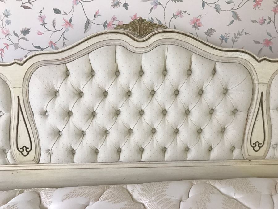 Tufted Yellow And Gold French Provincial Queen Size Headboard With Mattress And Boxspring [Photo 5]