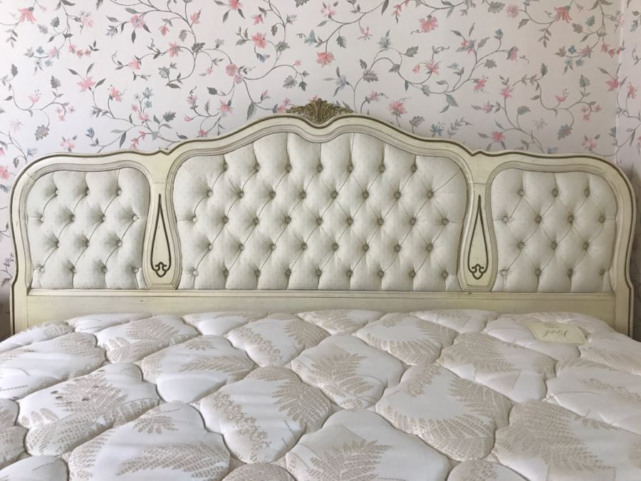 Tufted Yellow And Gold French Provincial Queen Size Headboard With Mattress And Boxspring [Photo 4]