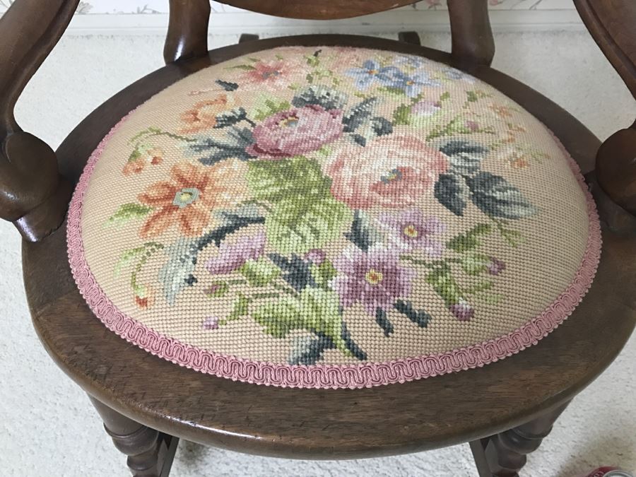Vintage Needlepoint Cane Wooden Rocking Chair [Photo 3]