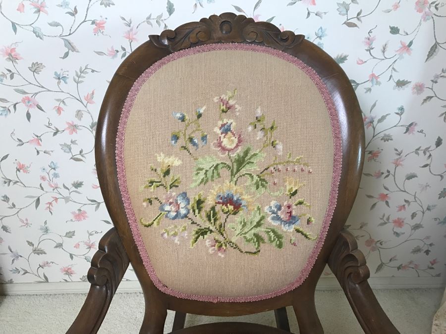 Vintage Needlepoint Cane Wooden Rocking Chair [Photo 4]