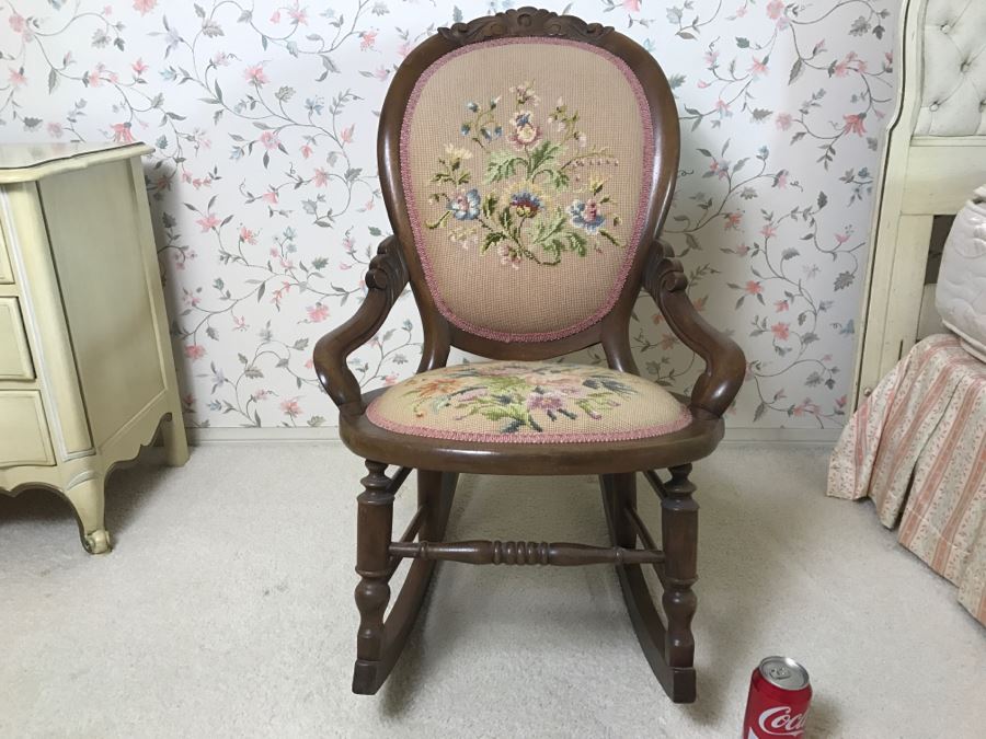 Vintage Needlepoint Cane Wooden Rocking Chair