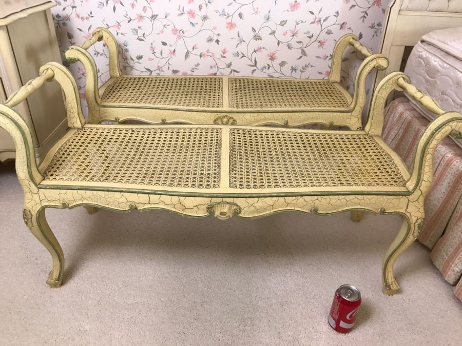 Pair Of Yellow Vintage Shabby Chic Cane Benches [Photo 6]