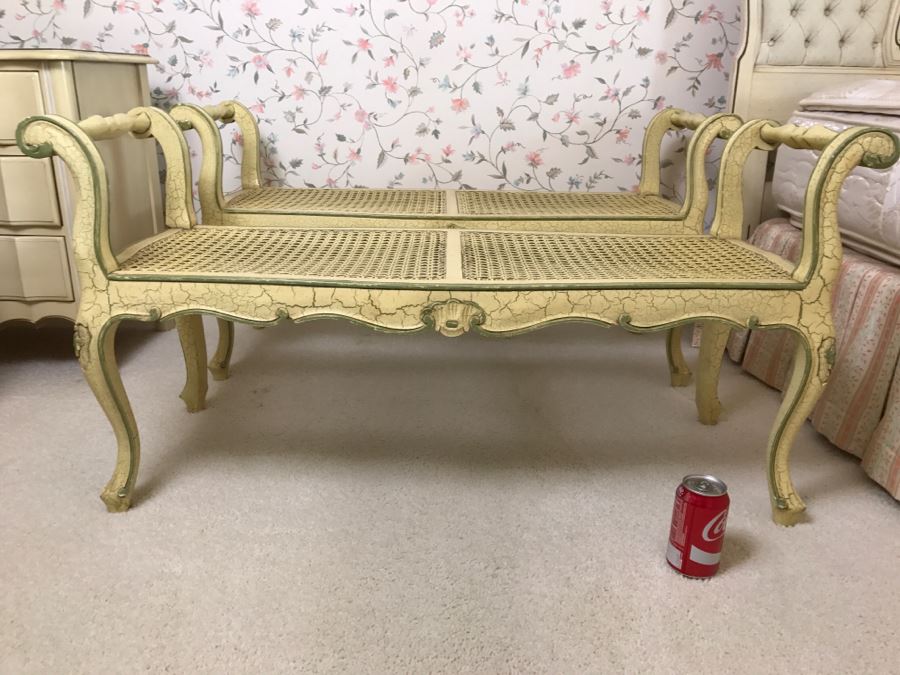 Pair Of Yellow Vintage Shabby Chic Cane Benches [Photo 8]