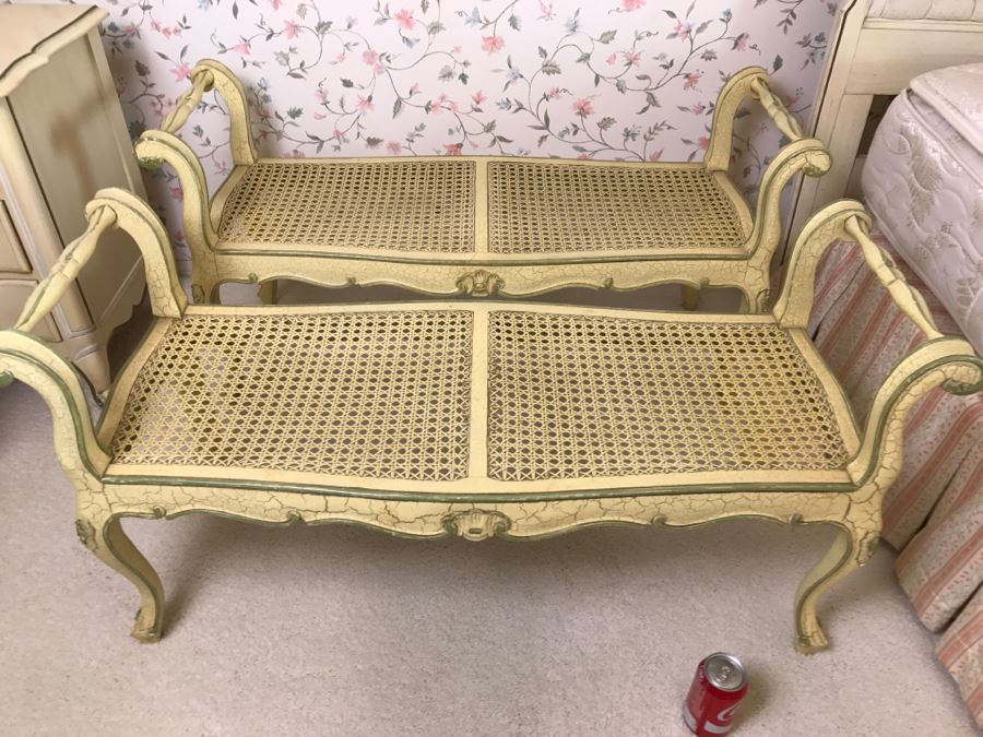 Pair Of Yellow Vintage Shabby Chic Cane Benches [Photo 7]