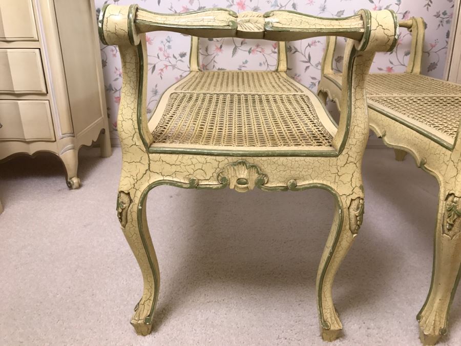 Pair Of Yellow Vintage Shabby Chic Cane Benches [Photo 3]