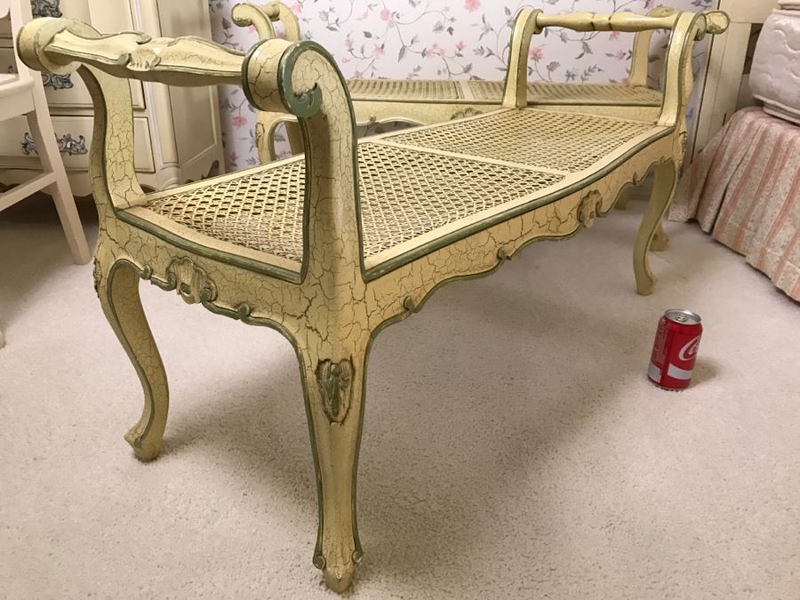Pair Of Yellow Vintage Shabby Chic Cane Benches [Photo 9]