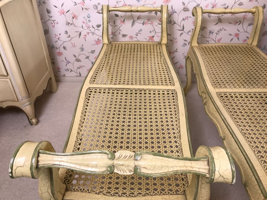 Pair Of Yellow Vintage Shabby Chic Cane Benches [Photo 5]
