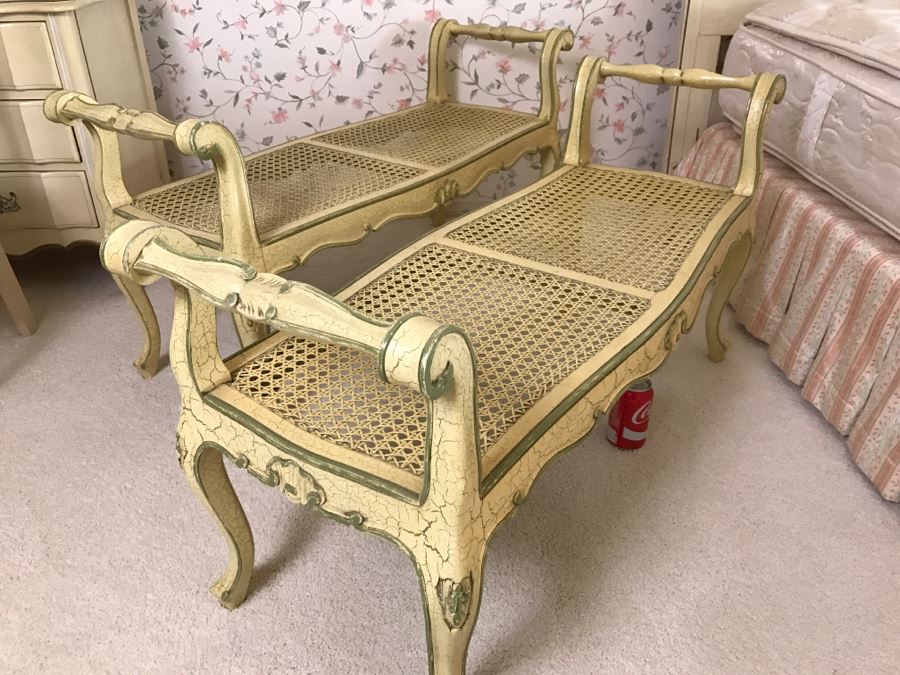 Pair Of Yellow Vintage Shabby Chic Cane Benches [Photo 1]