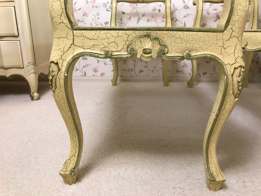 Pair Of Yellow Vintage Shabby Chic Cane Benches [Photo 4]