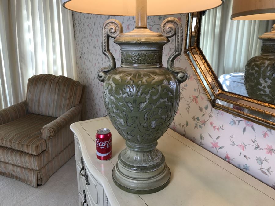Large Avocado Green Urn Table Lamp With Shade