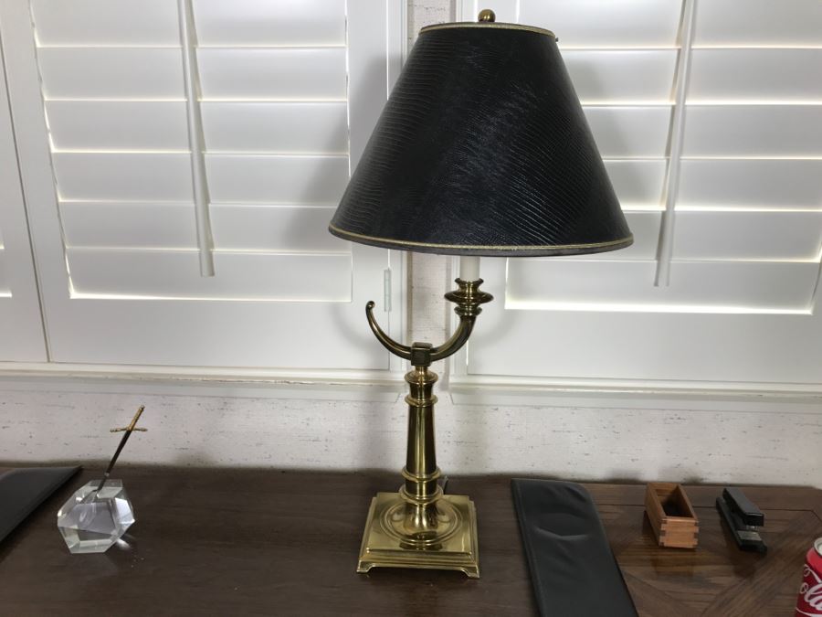 Nice Thomasville Wooden Writing Desk With Brass Lamp, Letter Opener And Walnut Box [Photo 9]