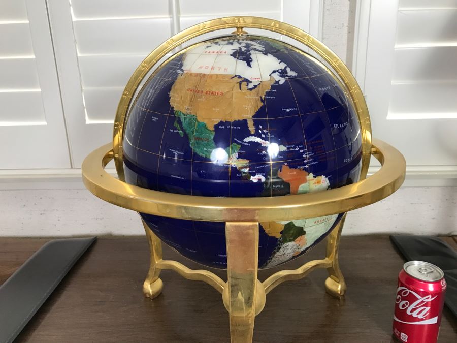 Gemstone World Globe With Brass Stand