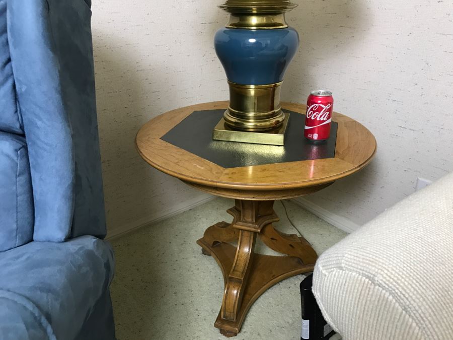 Wooden Pedestal Round Side Table With Brass Table Lamp