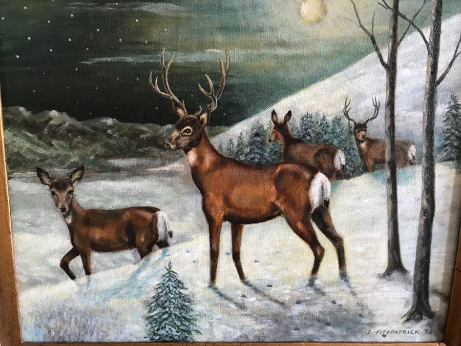 Framed Original Oil Painting By John Fitzpatrick Beverly Hills Art League Titled 'Moonlighting' Deer [Photo 2]