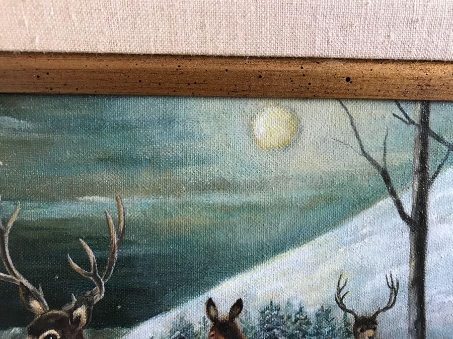 Framed Original Oil Painting By John Fitzpatrick Beverly Hills Art League Titled 'Moonlighting' Deer [Photo 5]