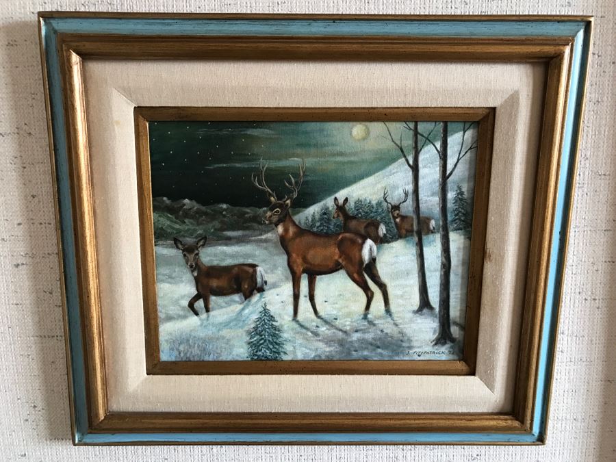 Framed Original Oil Painting By John Fitzpatrick Beverly Hills Art League Titled 'Moonlighting' Deer [Photo 11]